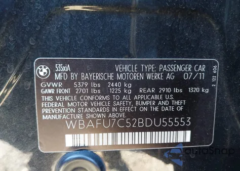 2011 BMW 535I xDrive из США, поврежденный, VIN WBAFU7C52BDU55553